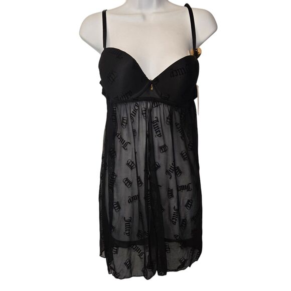 Juicy Couture Other - Juicy Couture Intimates Lingerie Fly Away Babydoll And G String Crown Mesh Black